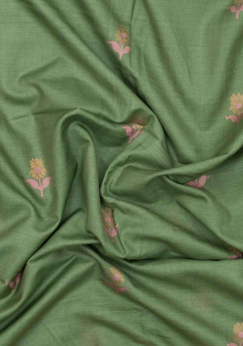 Cardamom Green Woven Tussar Silk Saree With Buttas Zari Border With Buttas And Brocade Design For Women - Indya