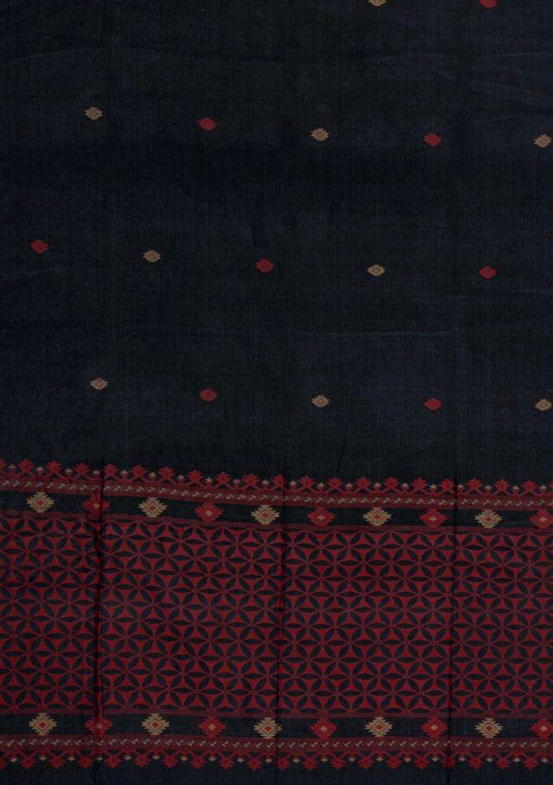 Black Woven Tussar Silk Saree With Buttas Contrast Border With Buttas And Brocade Design For Women - Indya