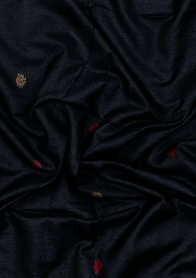 Black Woven Tussar Silk Saree With Buttas Contrast Border With Buttas And Brocade Design For Women - Indya