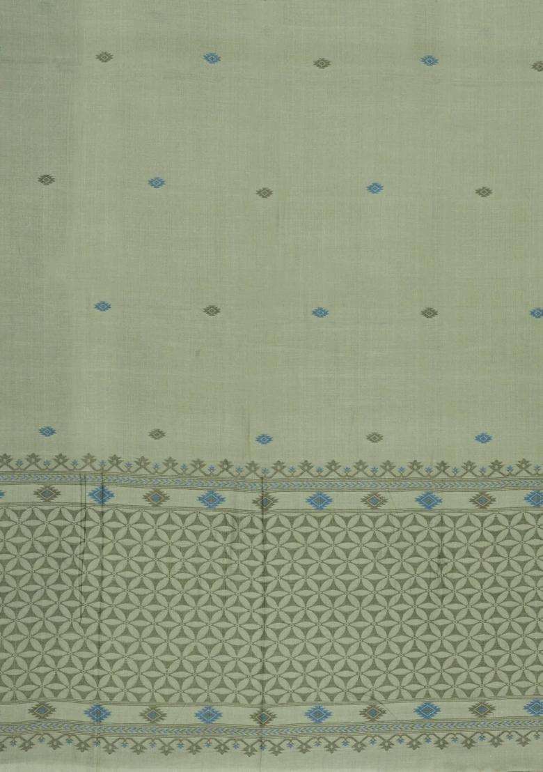 Cardamom Green Woven Tussar Silk Saree With Buttas Contrast Border With Buttas And Brocade Design For Women - Indya