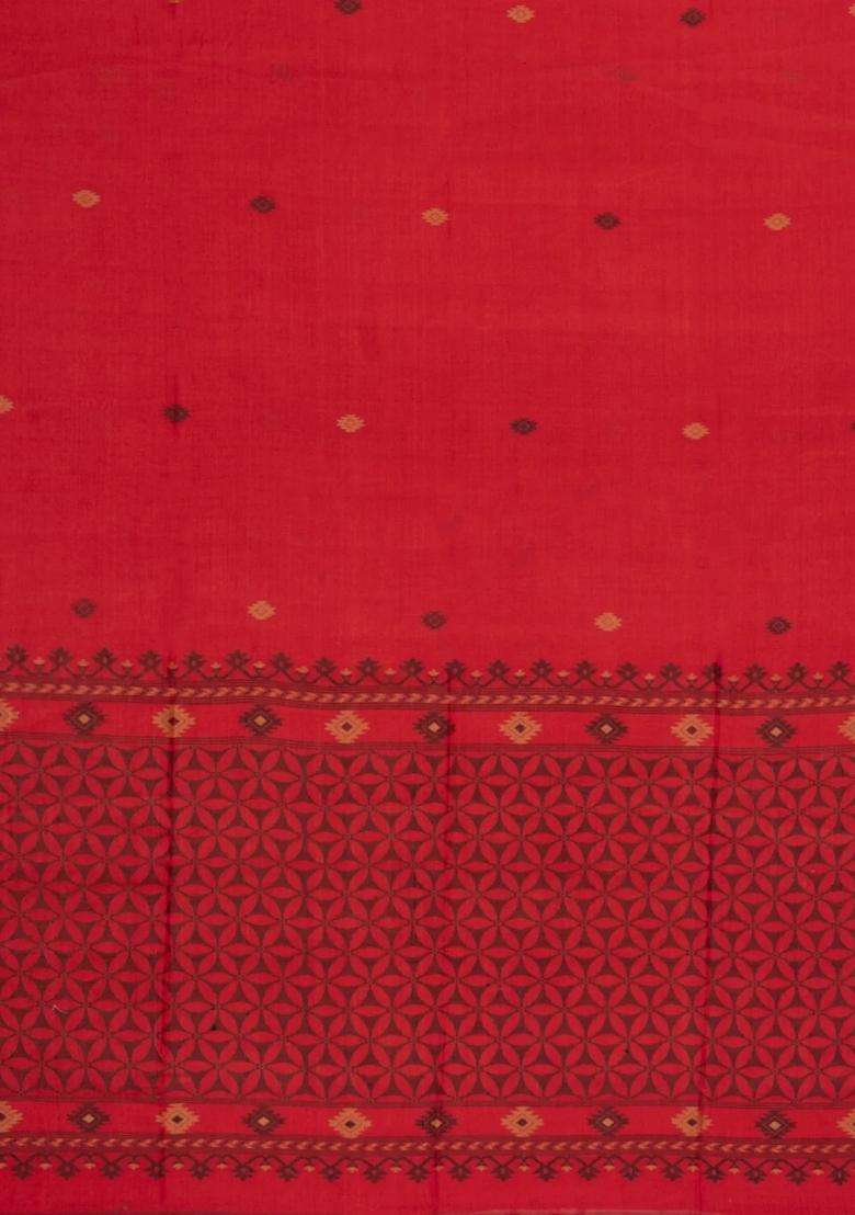 Red Woven Tussar Silk Saree With Buttas Contrast Border With Buttas And Brocade Design For Women - Indya