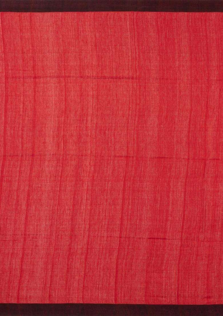 Red Woven Tussar Silk Saree With Buttas Contrast Border With Buttas And Brocade Design For Women - Indya