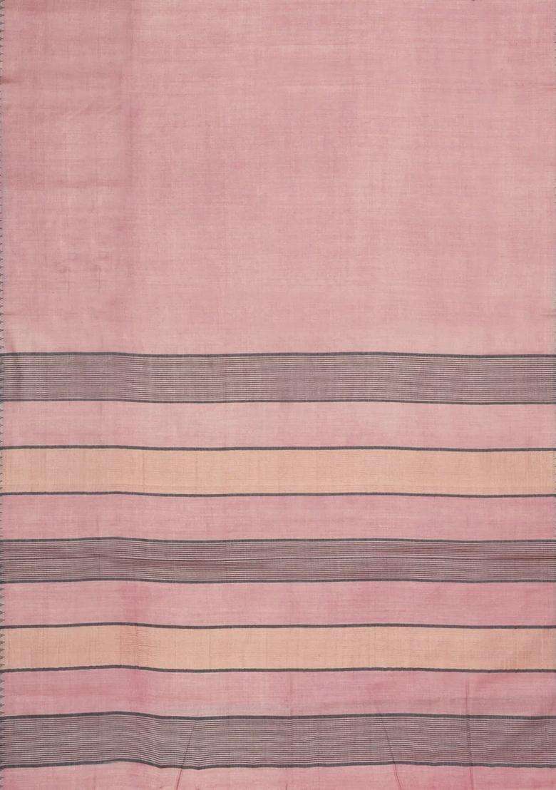 Baby Pink Woven Tussar Silk Saree With Contrast Border With Traditional Woven Design For Women - Indya