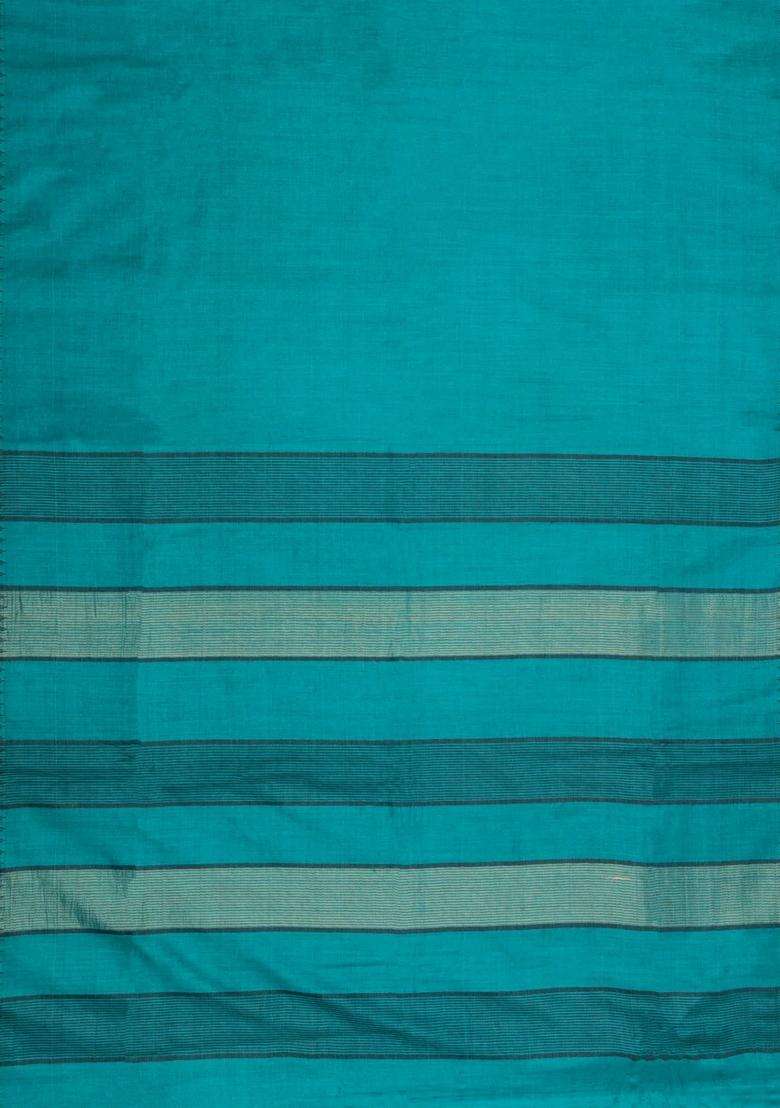 Turquoise Woven Tussar Silk Saree With Contrast Border With Traditional Woven Design For Women - Indya