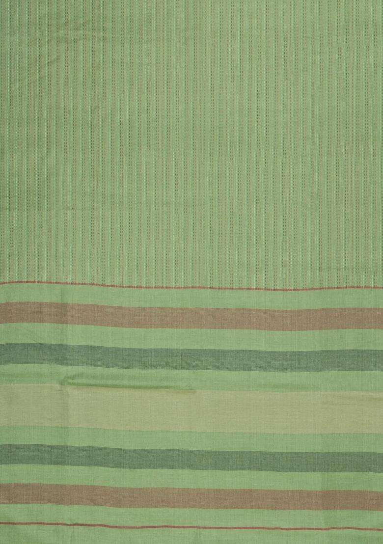 Cardamom Green Woven Tussar Silk Saree With Dotted Stripes With Checks And Stripes Design For Women - Indya