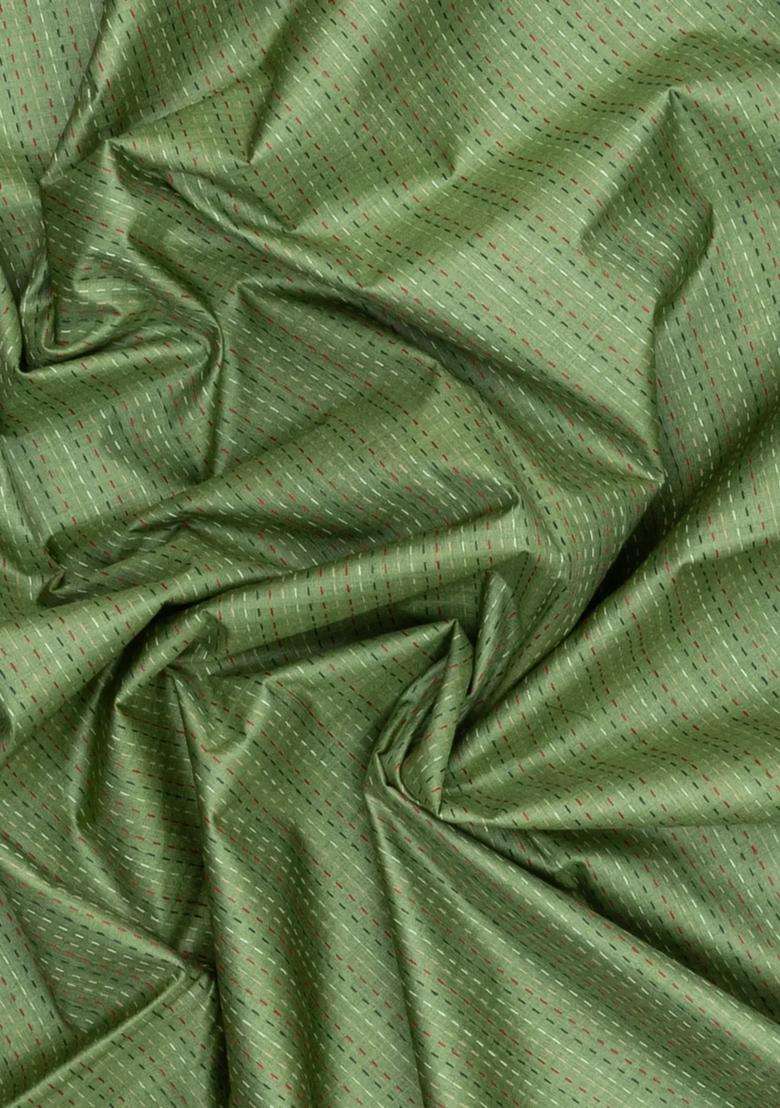 Cardamom Green Woven Tussar Silk Saree With Dotted Stripes With Checks And Stripes Design For Women - Indya