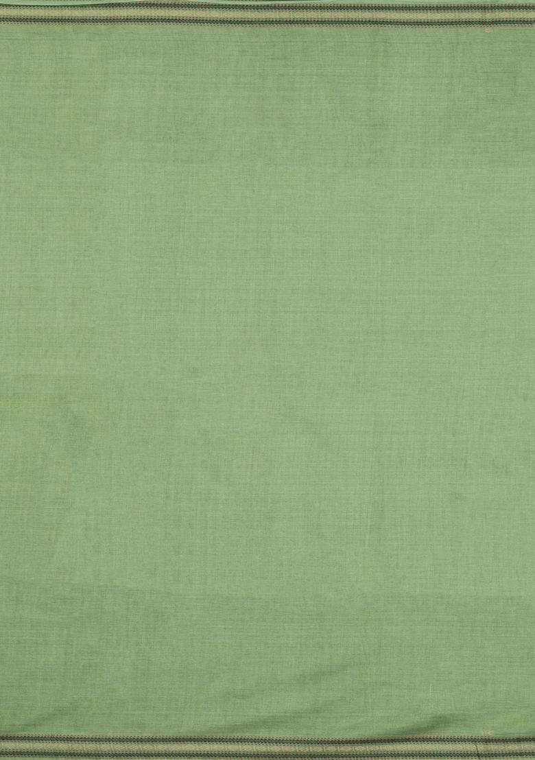 Cardamom Green Woven Tussar Silk Saree With Dotted Stripes With Checks And Stripes Design For Women - Indya