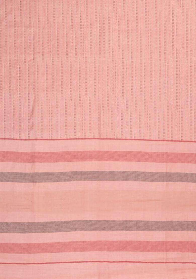 Baby Pink Woven Tussar Silk Saree With Dotted Stripes With Checks And Stripes Design For Women - Indya