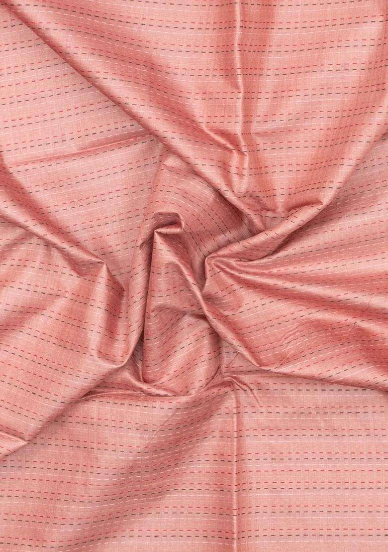 Baby Pink Woven Tussar Silk Saree With Dotted Stripes With Checks And Stripes Design For Women - Indya