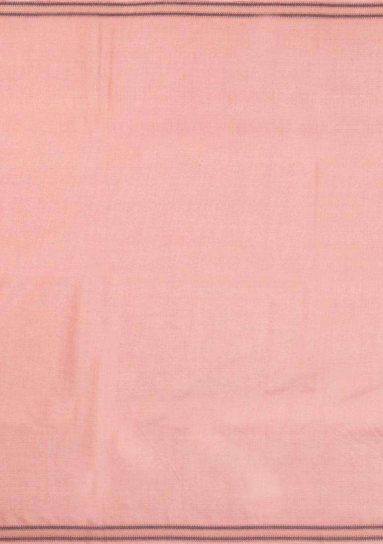 Baby Pink Woven Tussar Silk Saree With Dotted Stripes With Checks And Stripes Design For Women - Indya