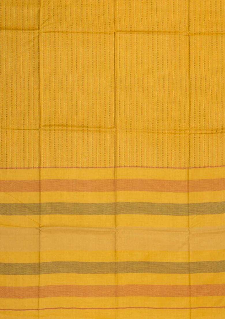 Mustard Woven Tussar Silk Saree With Dotted Stripes With Checks And Stripes Design For Women - Indya