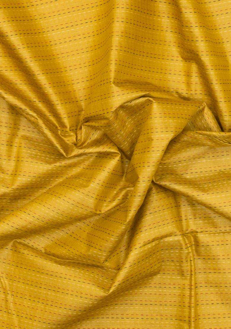 Mustard Woven Tussar Silk Saree With Dotted Stripes With Checks And Stripes Design For Women - Indya