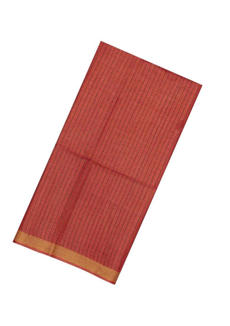 Hot Peach Woven Tussar Silk Saree With Stripes Zari Border With Checks And Stripes Design For Women - Indya