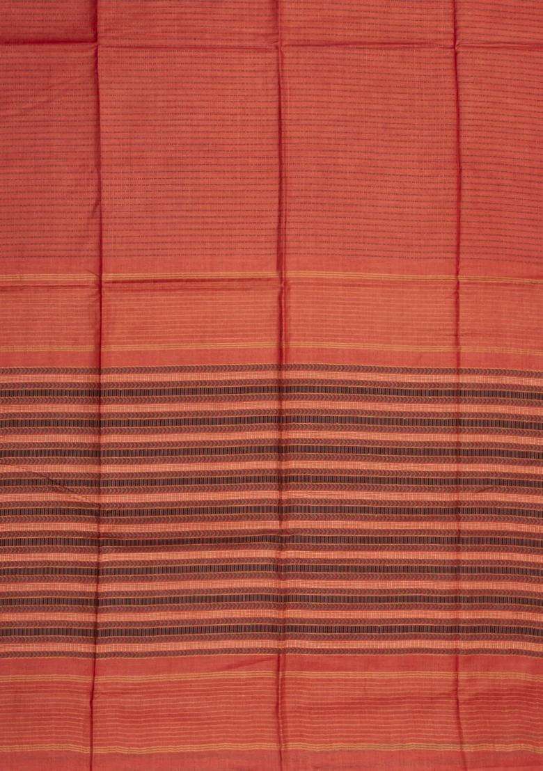 Hot Peach Woven Tussar Silk Saree With Stripes Zari Border With Checks And Stripes Design For Women - Indya