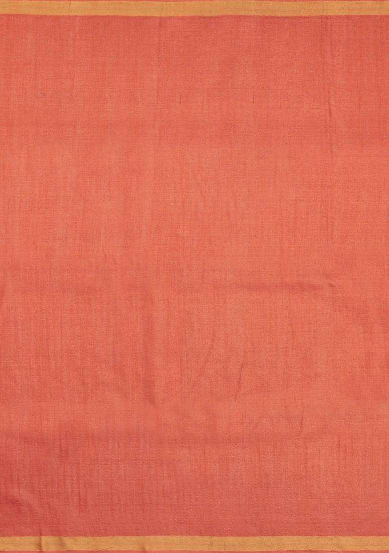 Hot Peach Woven Tussar Silk Saree With Stripes Zari Border With Checks And Stripes Design For Women - Indya