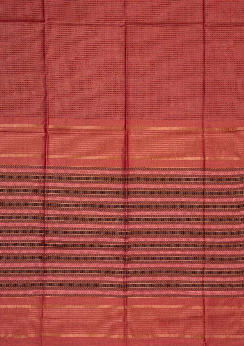 Peach Woven Tussar Silk Saree With Stripes Zari Border With Checks And Stripes Design For Women - Indya