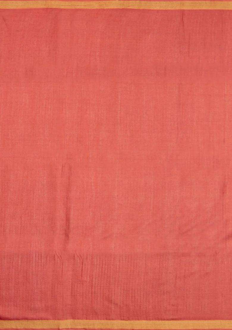 Peach Woven Tussar Silk Saree With Stripes Zari Border With Checks And Stripes Design For Women - Indya