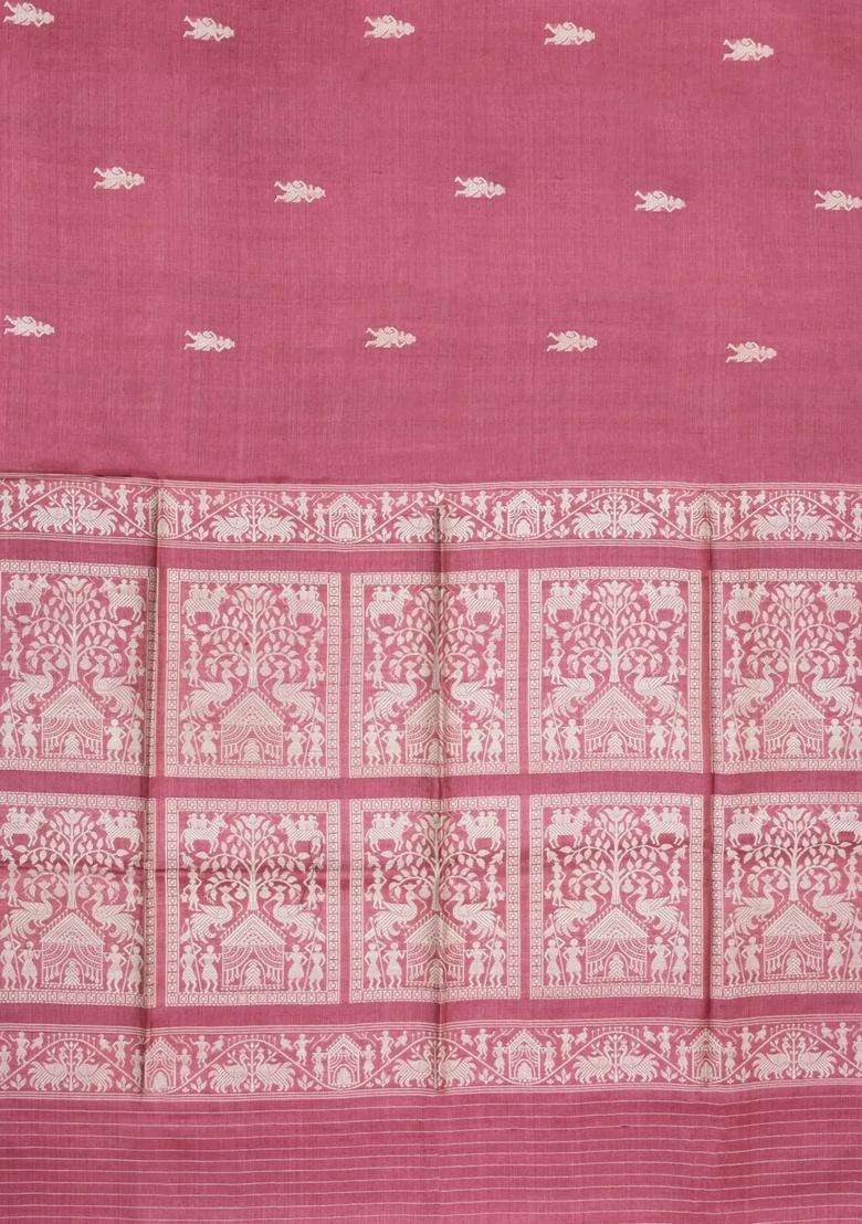 Dusty Pink Woven Tussar Silk Saree With Tribal Motifs With Buttas And Brocade Design For Women - Indya