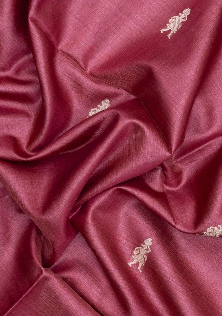 Dusty Pink Woven Tussar Silk Saree With Tribal Motifs With Buttas And Brocade Design For Women - Indya