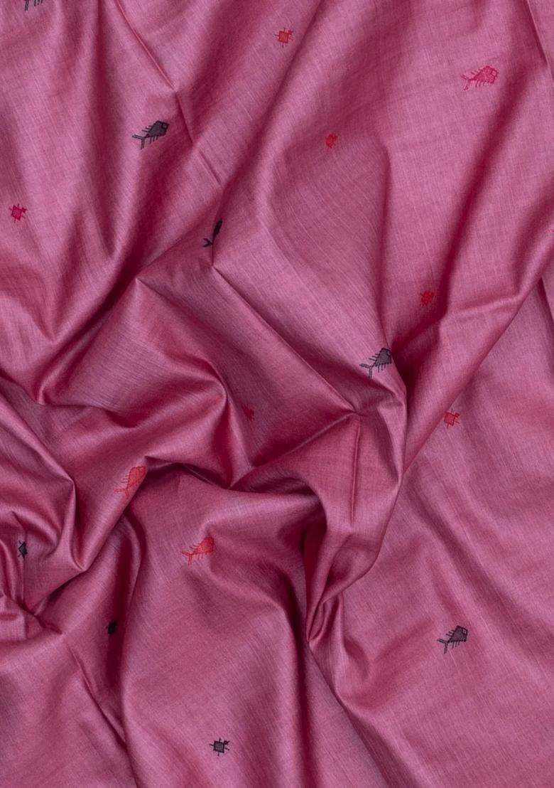 Pink Woven Tussar Silk Saree With Tribal Motifs With Buttas And Brocade Design For Women - Indya