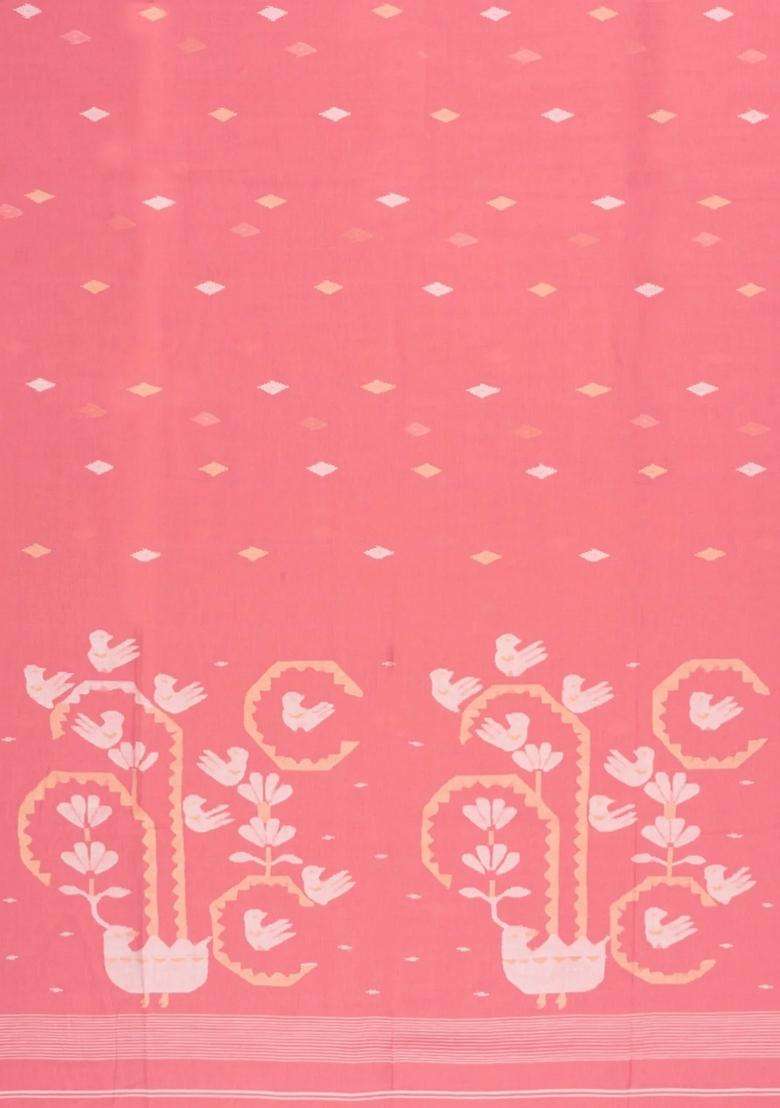 Peach Handloom Bengal Cotton Saree With Buttas With Buttas And Brocade Design For Women - Indya