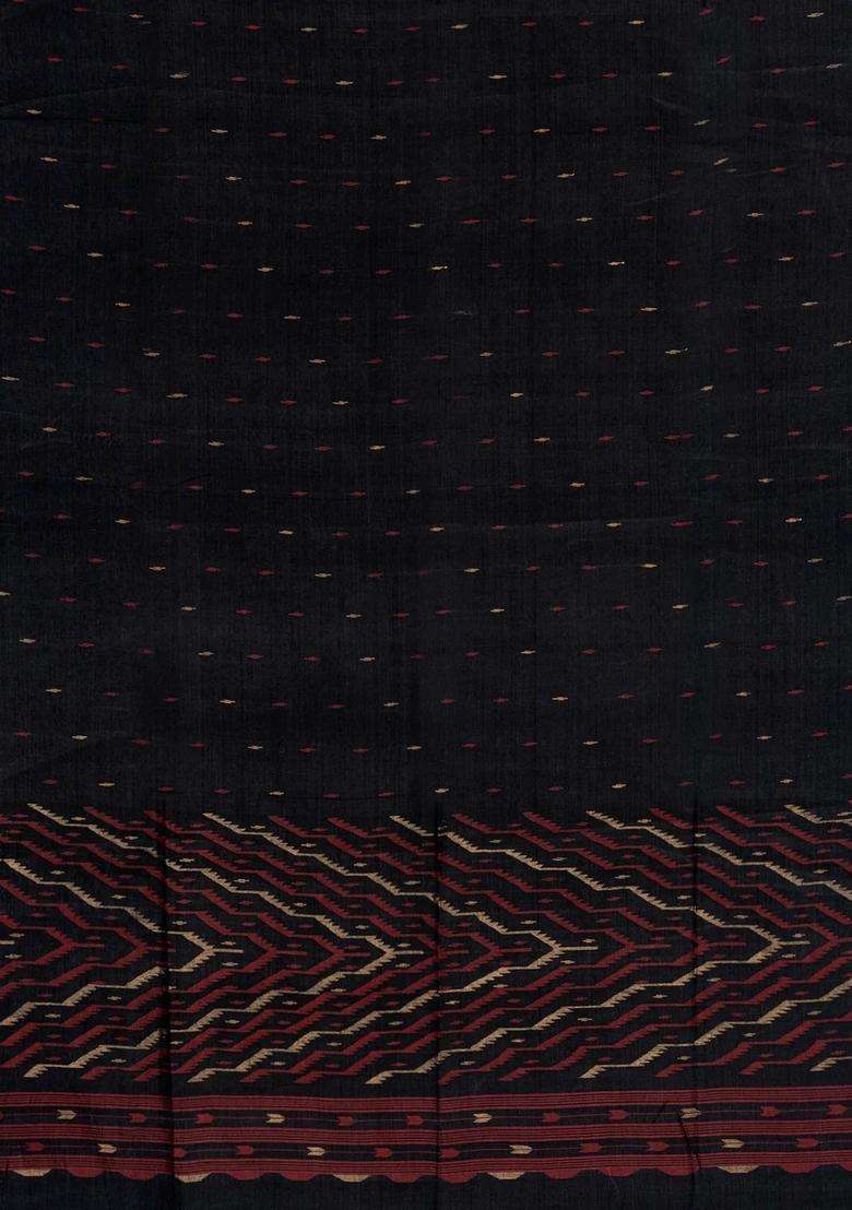 Black Handloom Bengal Cotton Saree With Meena Buttas With Buttas And Brocade Design For Women - Indya