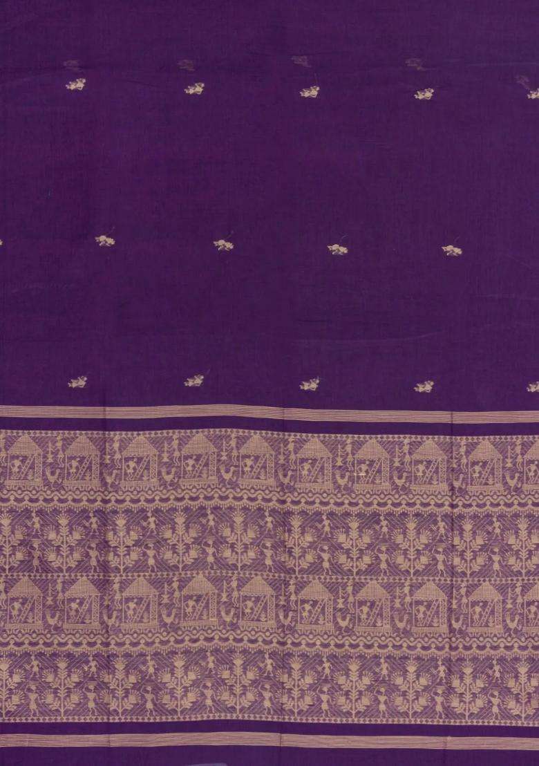 Purple Handloom Bengal Cotton Saree With Tribal Motifs With Buttas And Brocade Design For Women - Indya