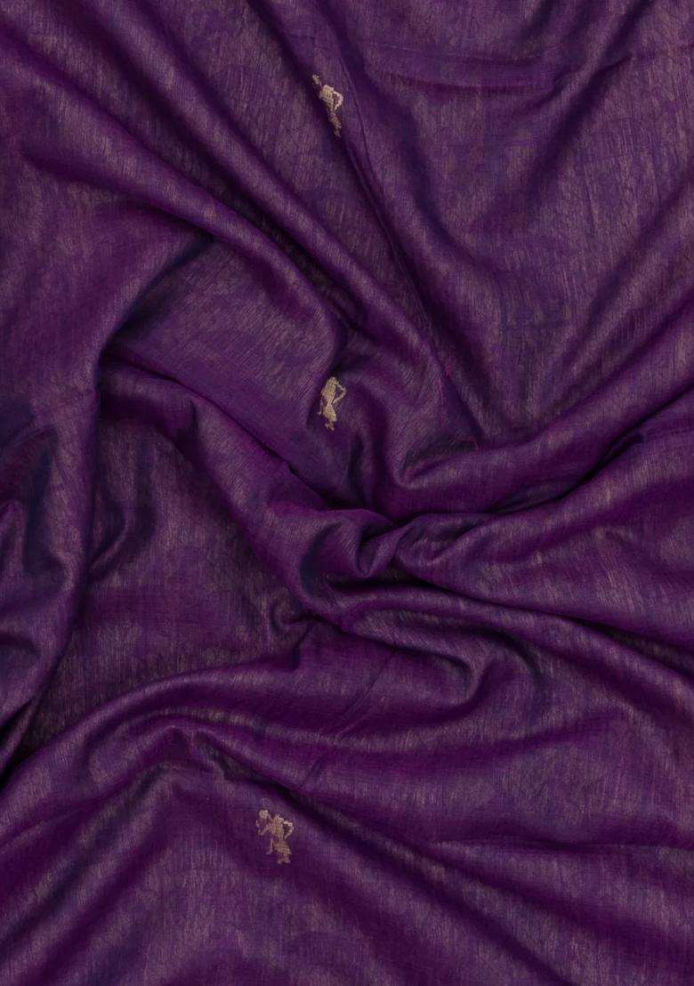 Purple Handloom Bengal Cotton Saree With Tribal Motifs With Buttas And Brocade Design For Women - Indya