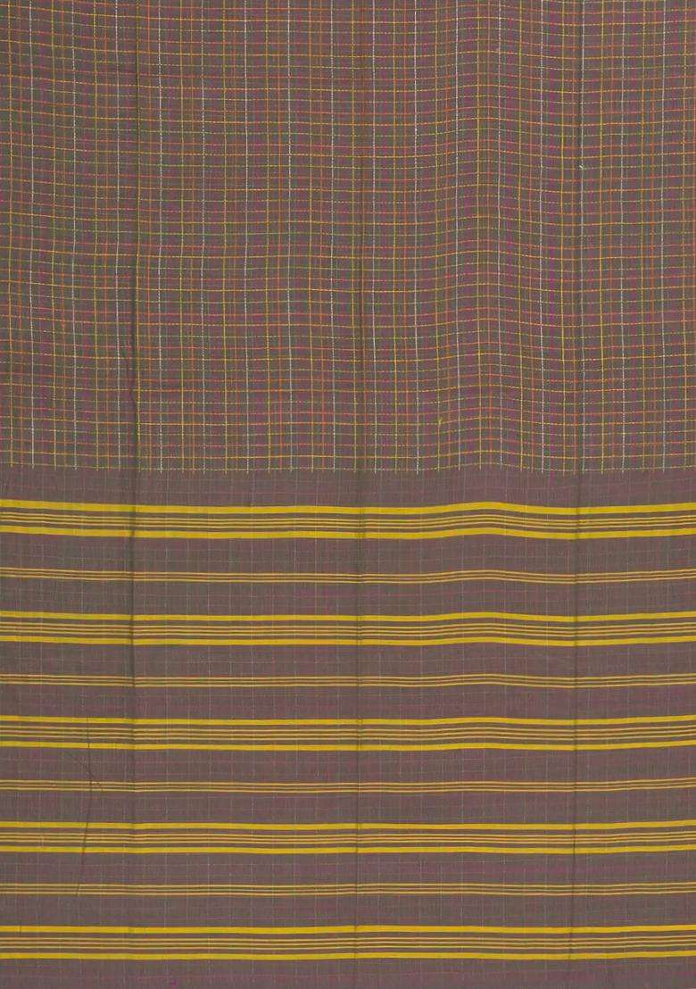 Dark Beige Handloom Bengal Cotton Saree With Checks With Checks And Stripes Design For Women - Indya