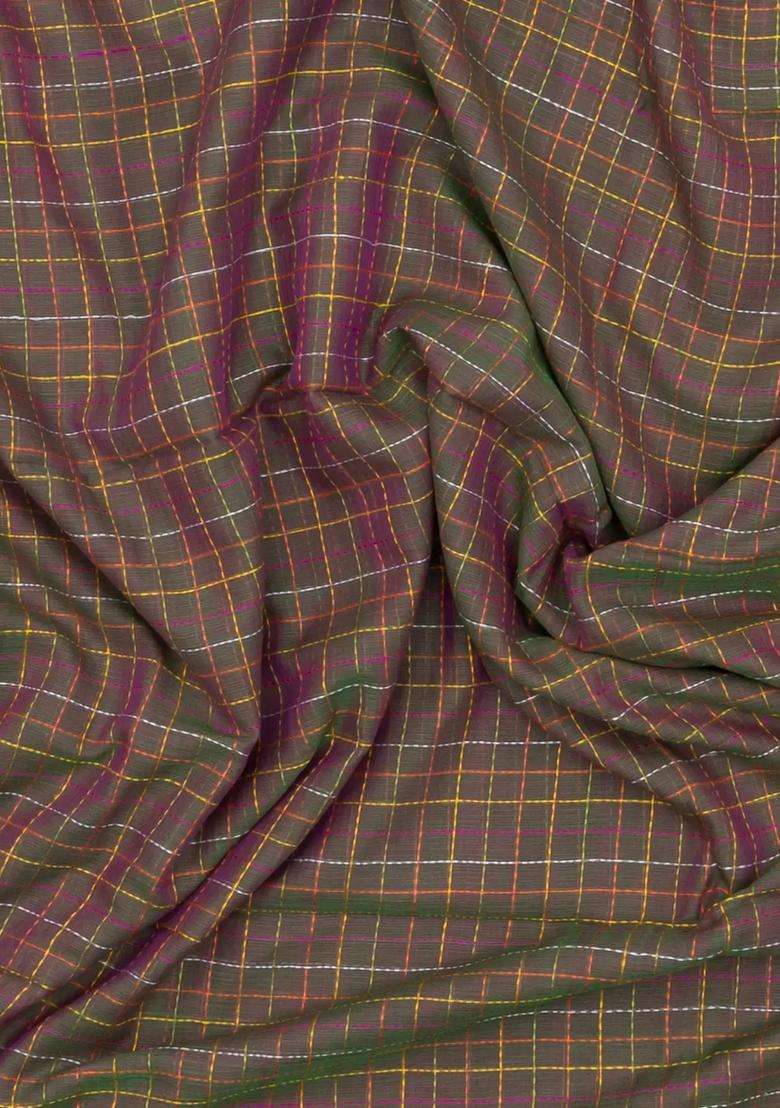 Dark Beige Handloom Bengal Cotton Saree With Checks With Checks And Stripes Design For Women - Indya