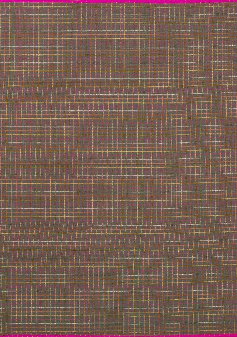 Dark Beige Handloom Bengal Cotton Saree With Checks With Checks And Stripes Design For Women - Indya