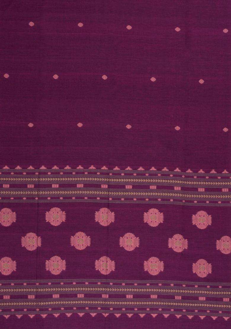 Burgundy Handloom Bengal Cotton Saree With Floral Motifs With Buttas And Brocade Design For Women - Indya