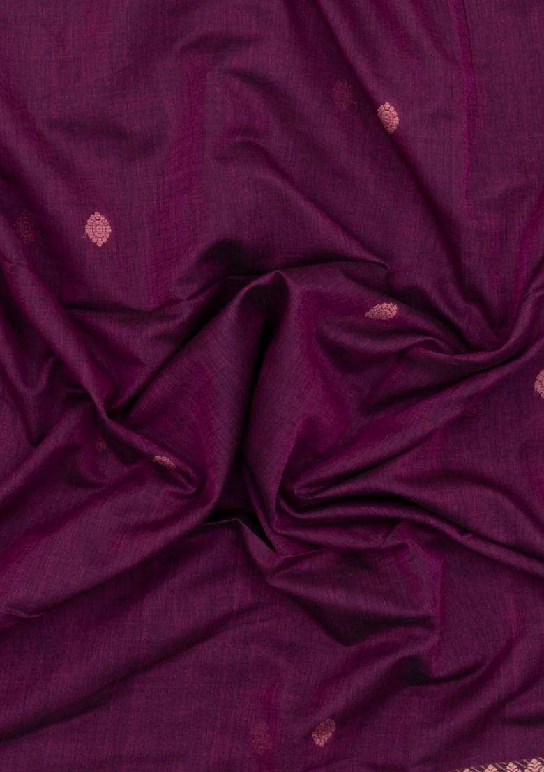 Burgundy Handloom Bengal Cotton Saree With Floral Motifs With Buttas And Brocade Design For Women - Indya