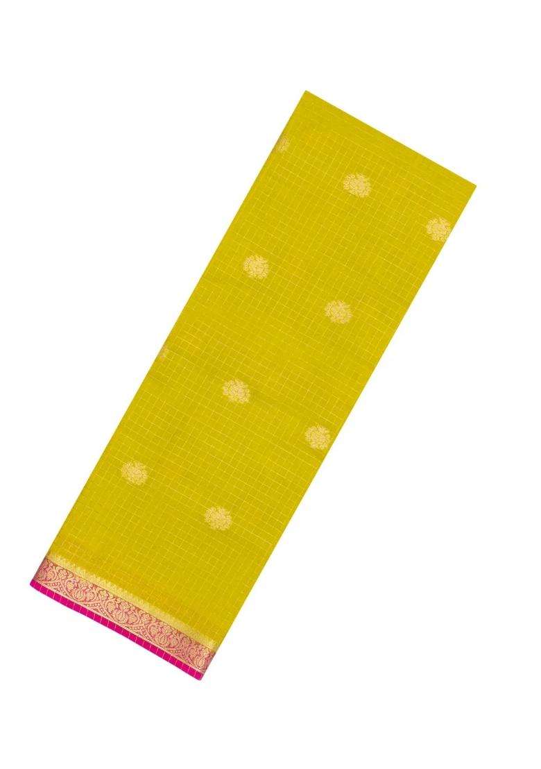Lime Green Woven Blended Viscose Art Silk Saree With Zari Checks Buttas With Buttas And Brocade Design For Women - Indya