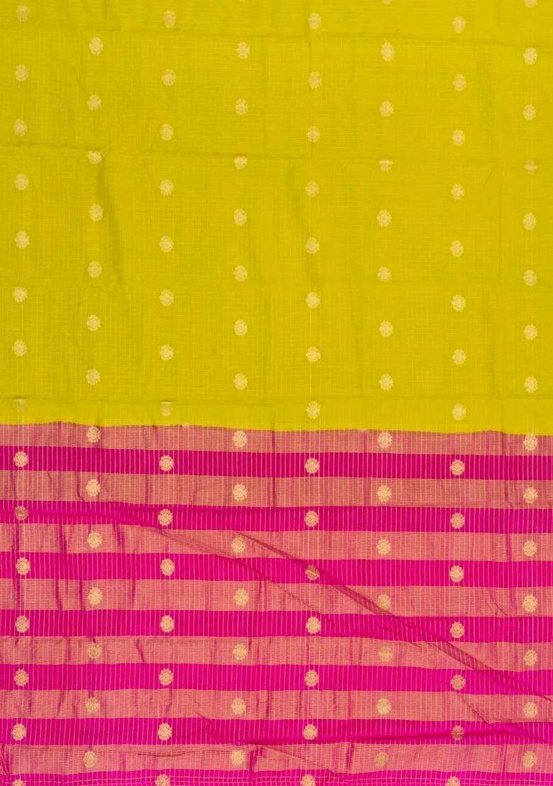 Lime Green Woven Blended Viscose Art Silk Saree With Zari Checks Buttas With Buttas And Brocade Design For Women - Indya