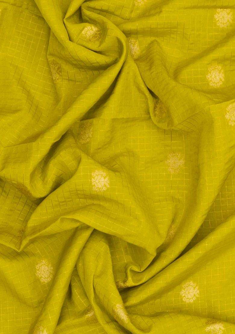 Lime Green Woven Blended Viscose Art Silk Saree With Zari Checks Buttas With Buttas And Brocade Design For Women - Indya