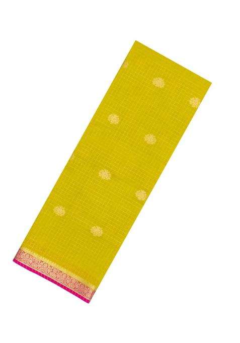 Lime Green Woven Blended Viscose Art Silk Saree With Zari Checks Buttas With Buttas And Brocade Design For Women