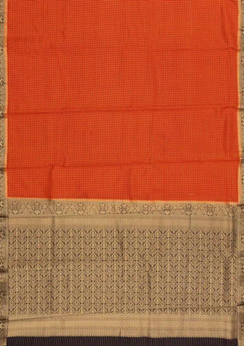Red Woven Blended Viscose Art Silk Saree With Zari Checks With Checks And Stripes Design For Women - Indya