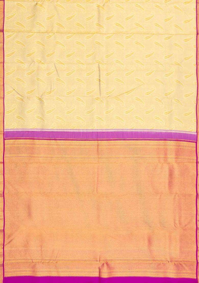 Cream Handloom Kanchipuram Silk Saree With Floral Vine Motifs With Buttas And Brocade Design For Women - Indya