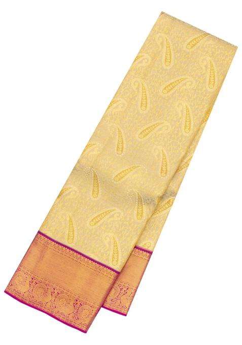 Cream Handloom Kanchipuram Silk Saree With Floral Vine Motifs With Buttas And Brocade Design For Women