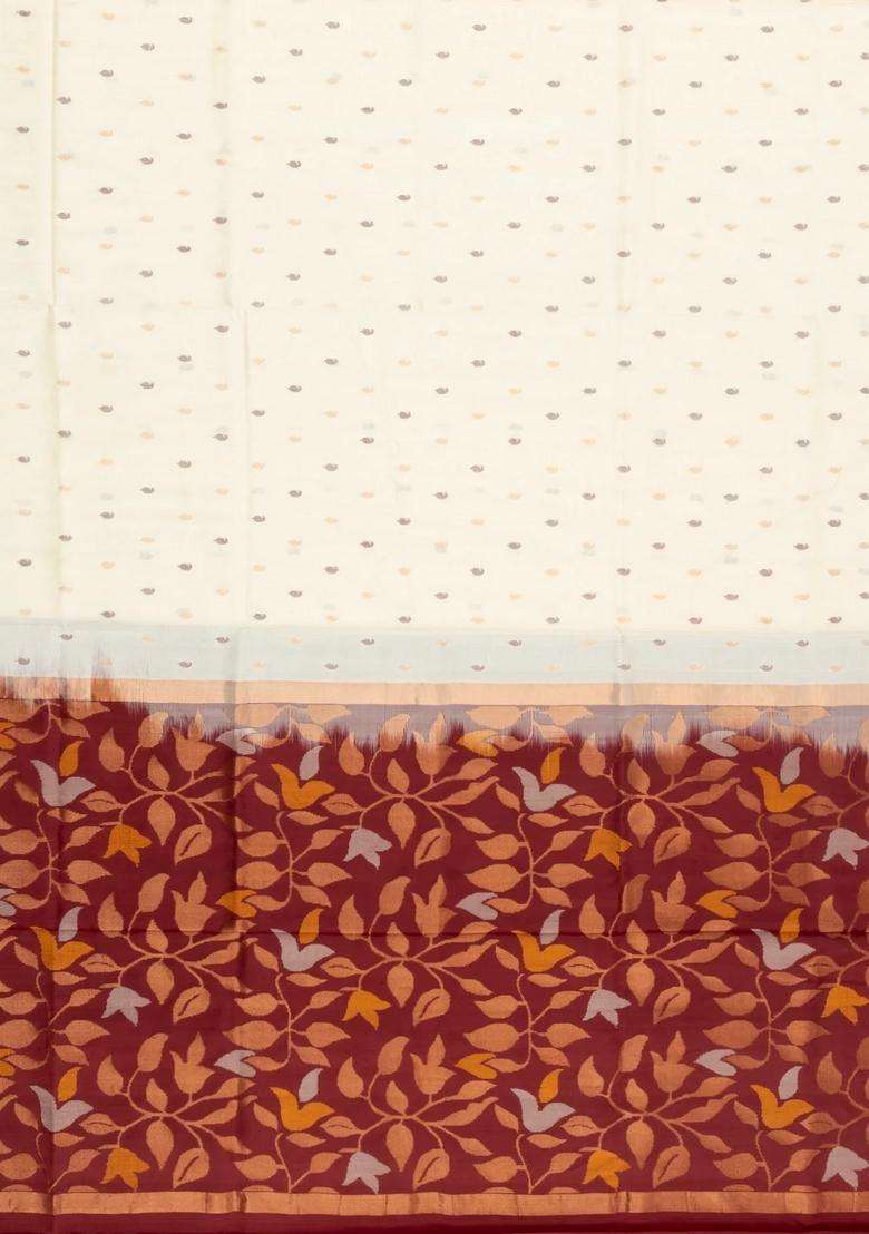 Cream Handloom Uppada Silk Saree With Mango Motifs Contrast Pallu With Buttas And Brocade Design For Women - Indya