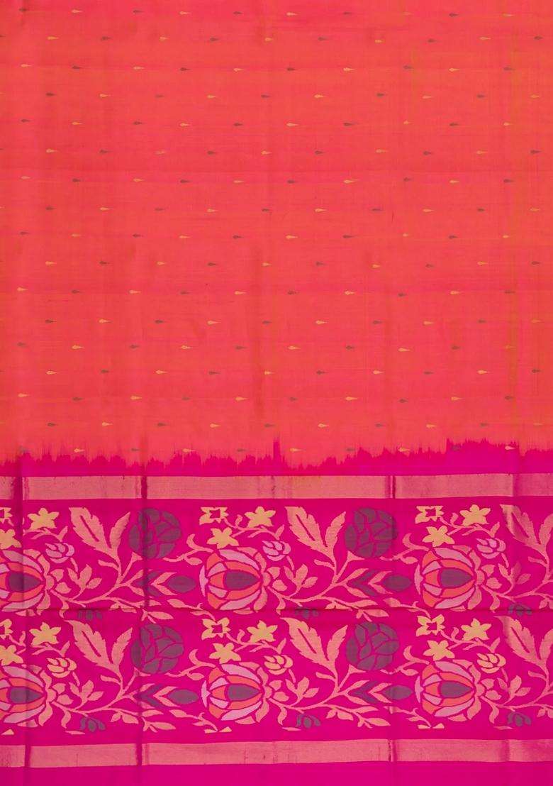 Orange Handloom Uppada Silk Saree With Meena Buttas Contrast Border With Buttas And Brocade Design For Women - Indya