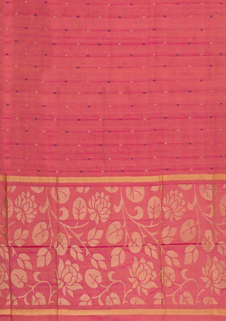 Peach Handloom Uppada Silk Saree With Meena Buttas Contrast Border With Buttas And Brocade Design For Women - Indya