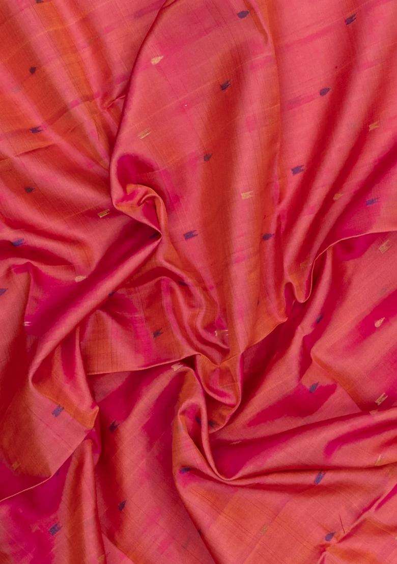 Peach Handloom Uppada Silk Saree With Meena Buttas Contrast Border With Buttas And Brocade Design For Women - Indya