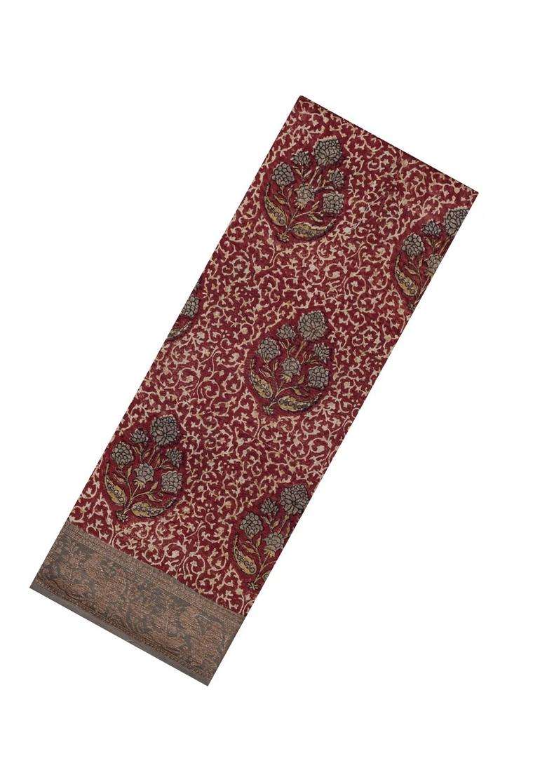 Crimson Printed Chanderi Cotton Saree With Zari Border For Women - Indya