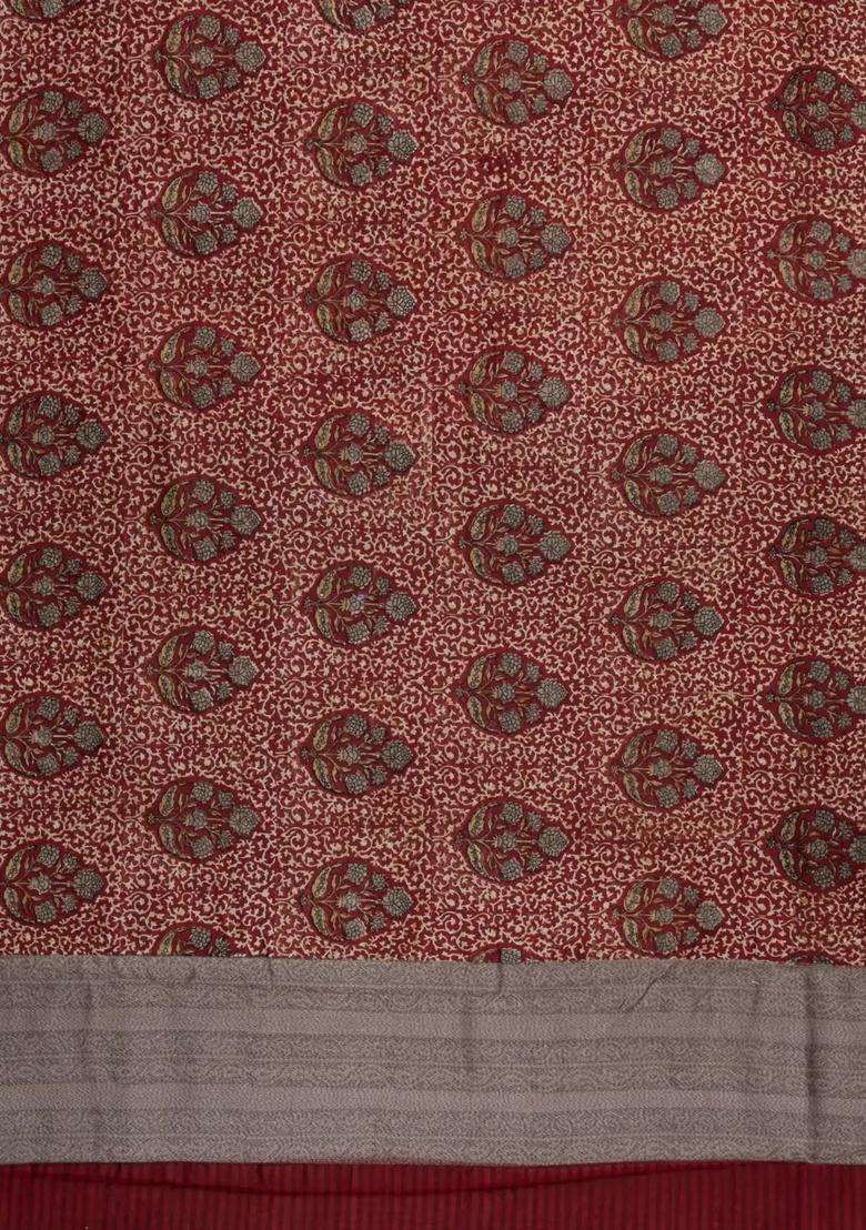 Crimson Printed Chanderi Cotton Saree With Zari Border For Women - Indya