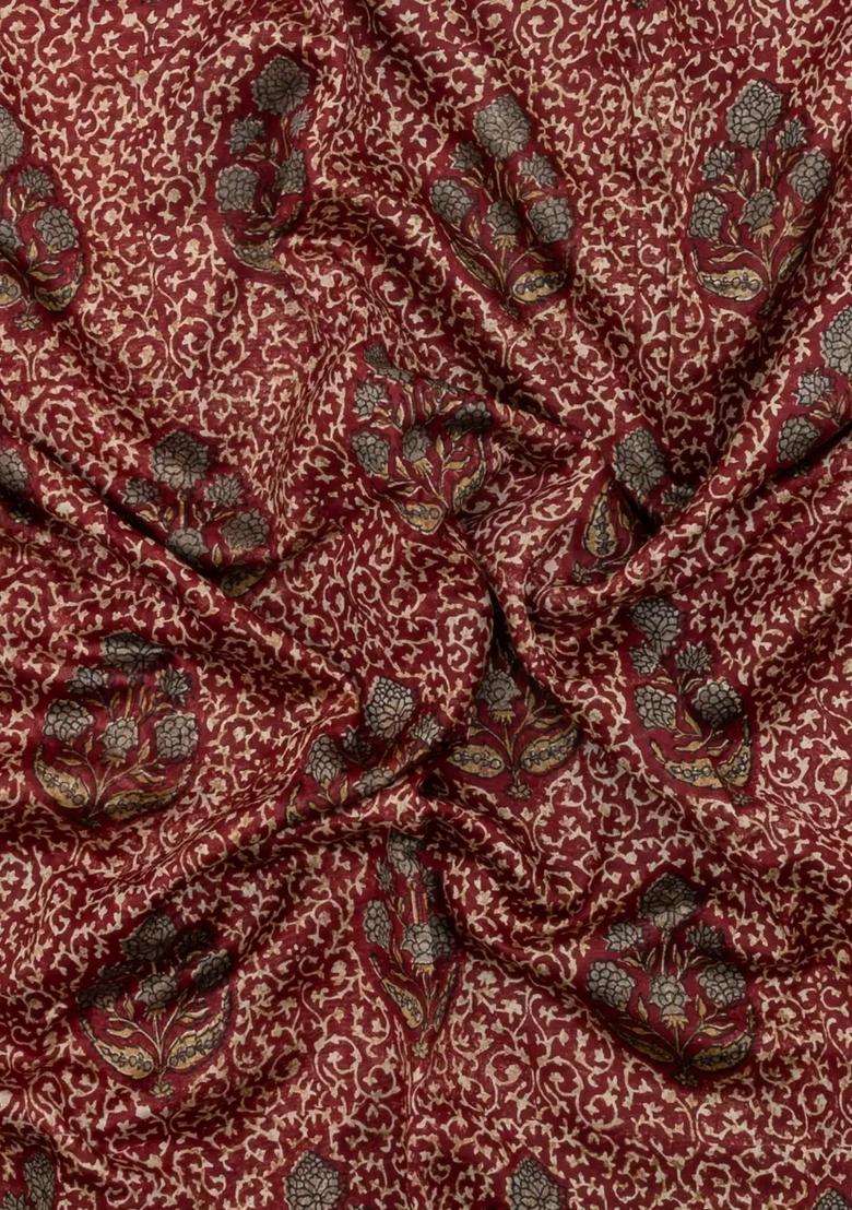 Crimson Printed Chanderi Cotton Saree With Zari Border For Women - Indya