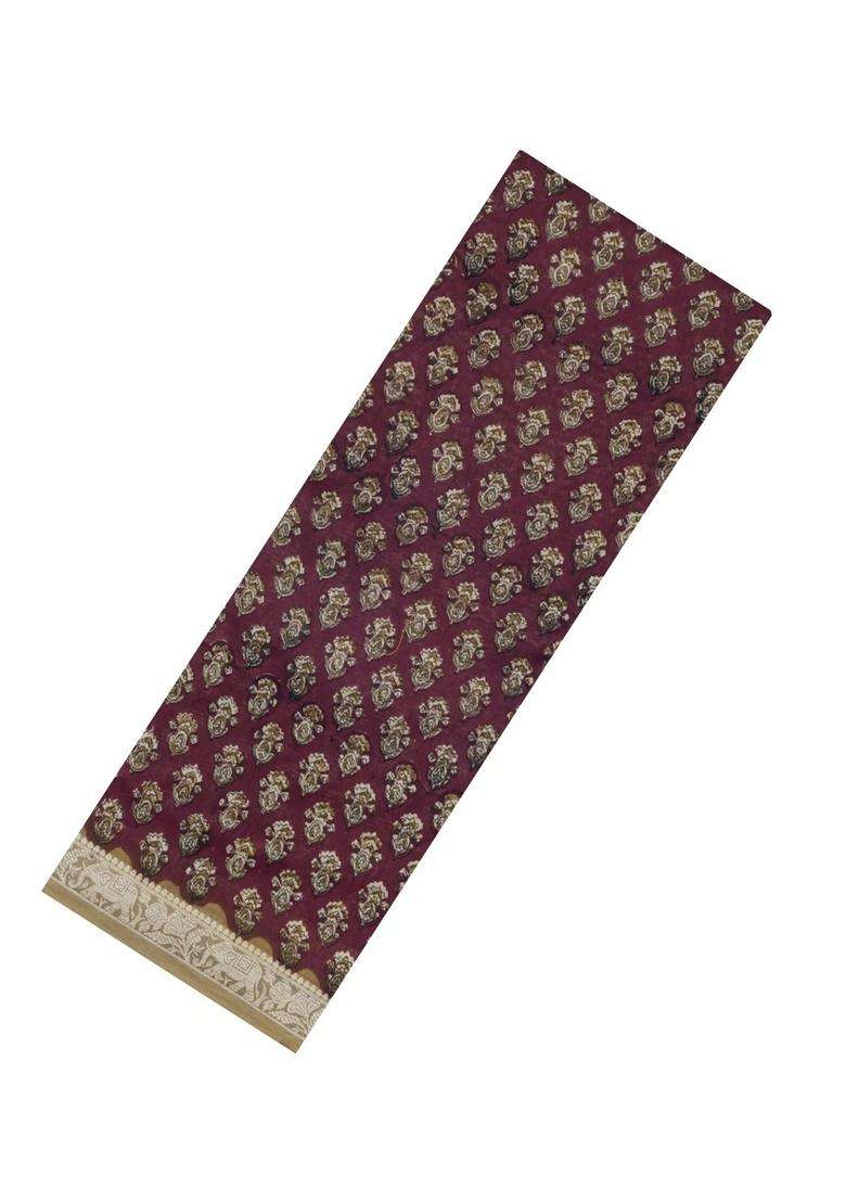 Brown Printed Chanderi Cotton Saree With Zari Border For Women - Indya