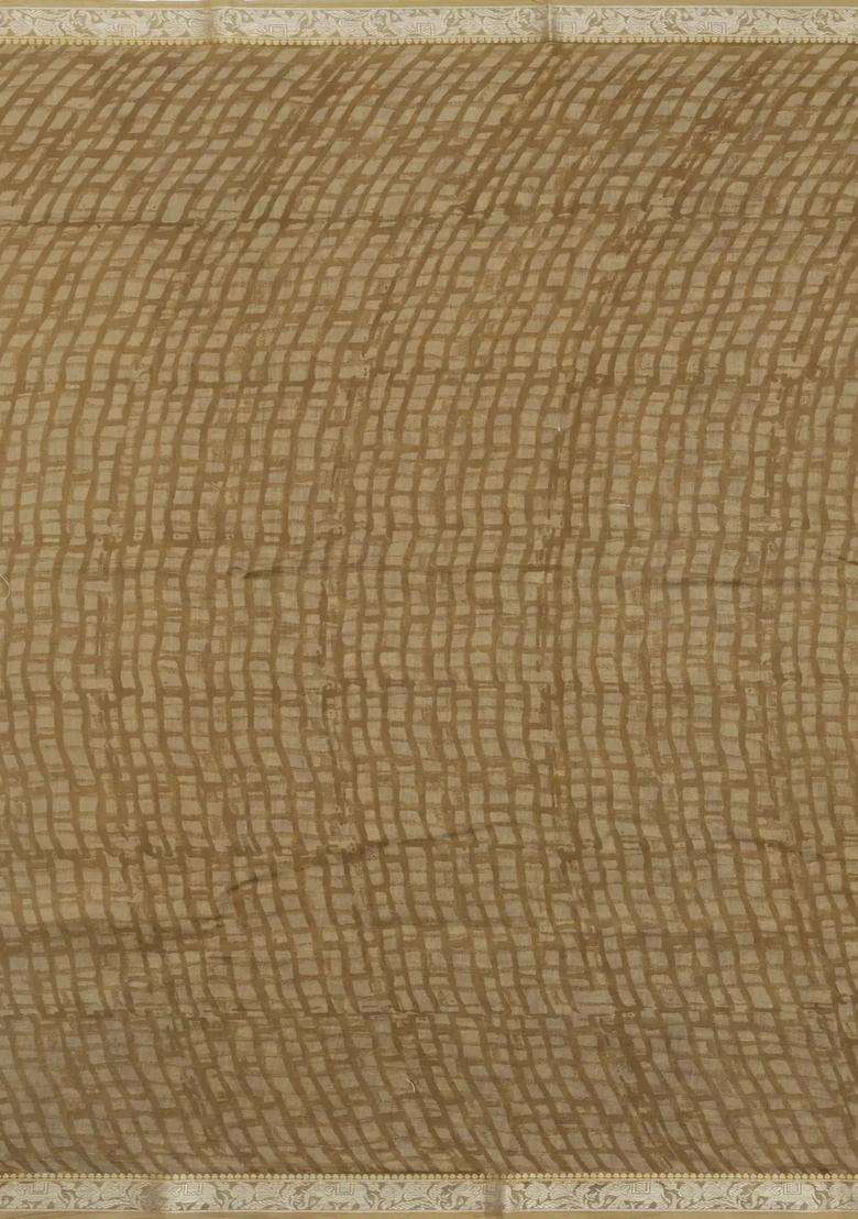 Brown Printed Chanderi Cotton Saree With Zari Border For Women - Indya