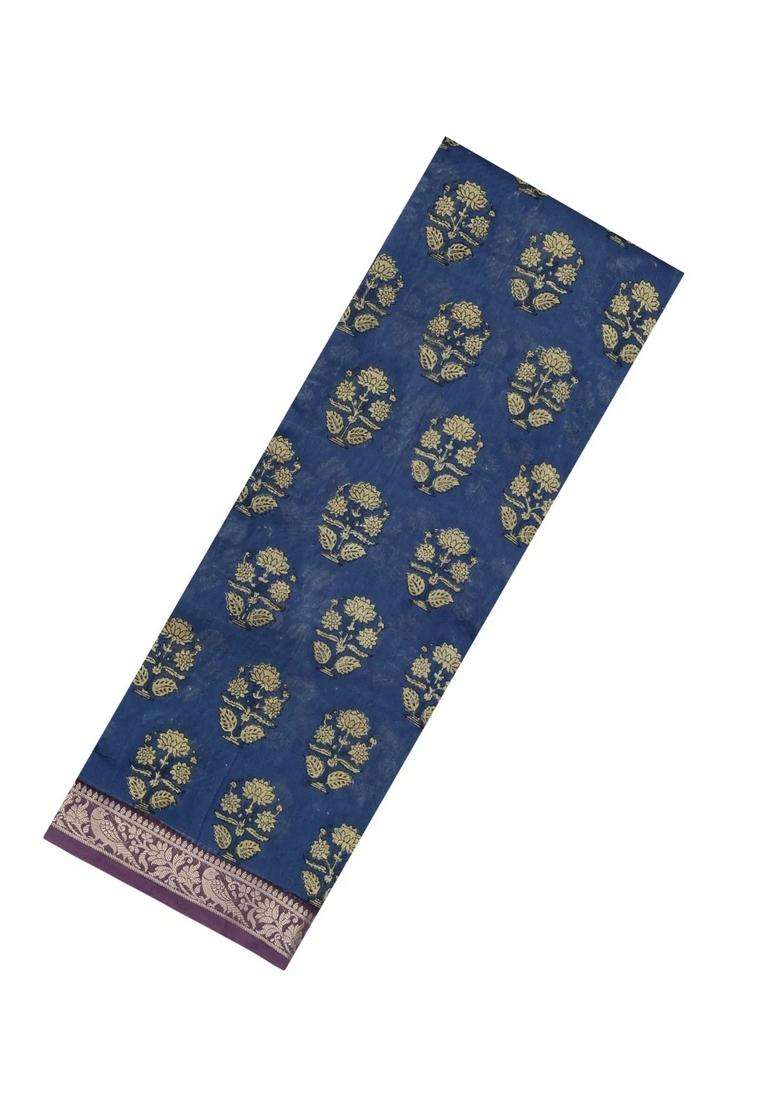 Indigo Printed Chanderi Cotton Saree With Zari Border For Women - Indya